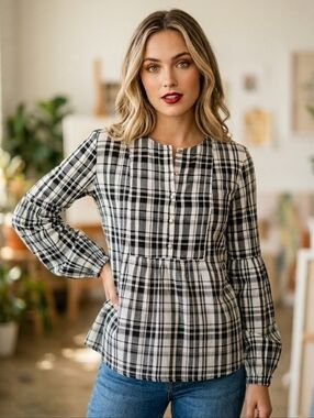 LOFT XS Black and White Plaid Balloon Sleeve Peasant Blouse